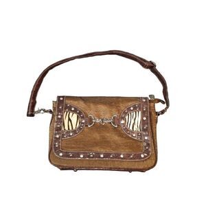 P&G Leather Calf Hair‎ Messenger Bag Rhinestone Studded Brown Casual Western
